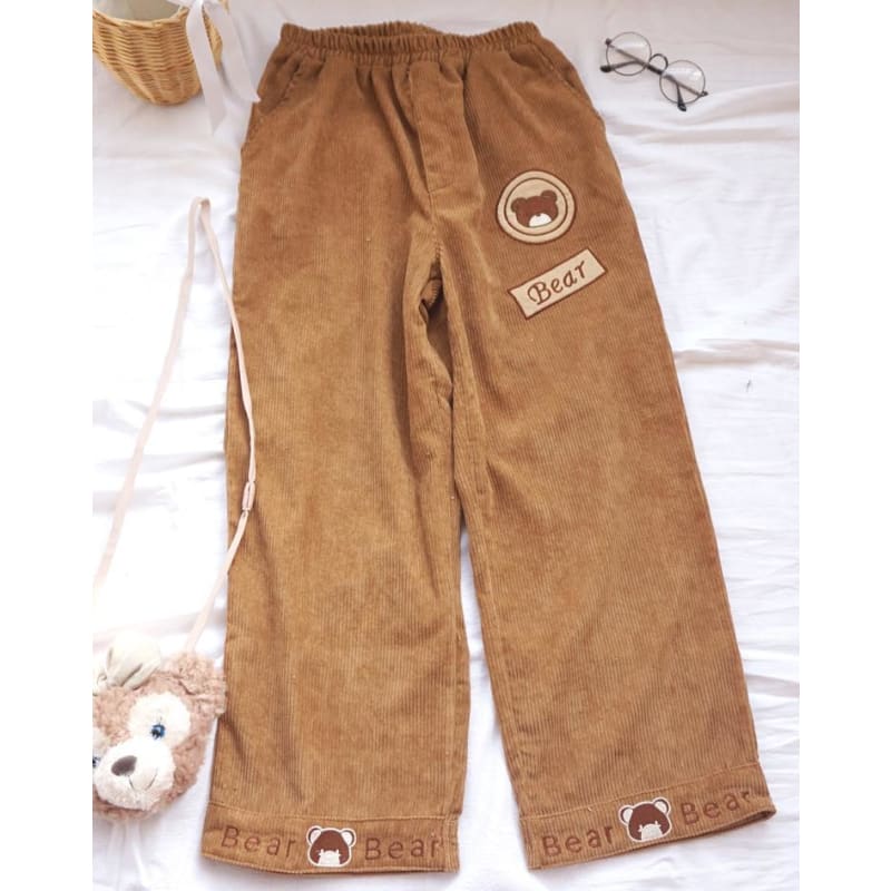Preppy Style Cartoon Bear Embroidery Corduroy Cute Girls Casual Pants MK15505 - KawaiiMoriStore