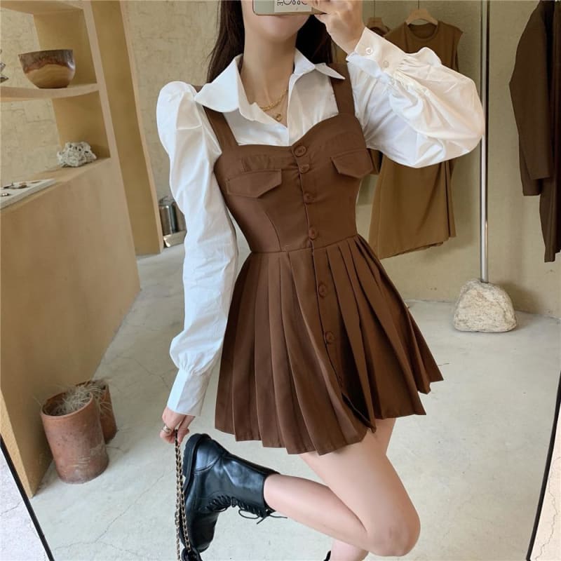 Preppy Style Chic Kawaii Black/Brown Draped Button Slip Dress MK15875 - KawaiiMoriStore