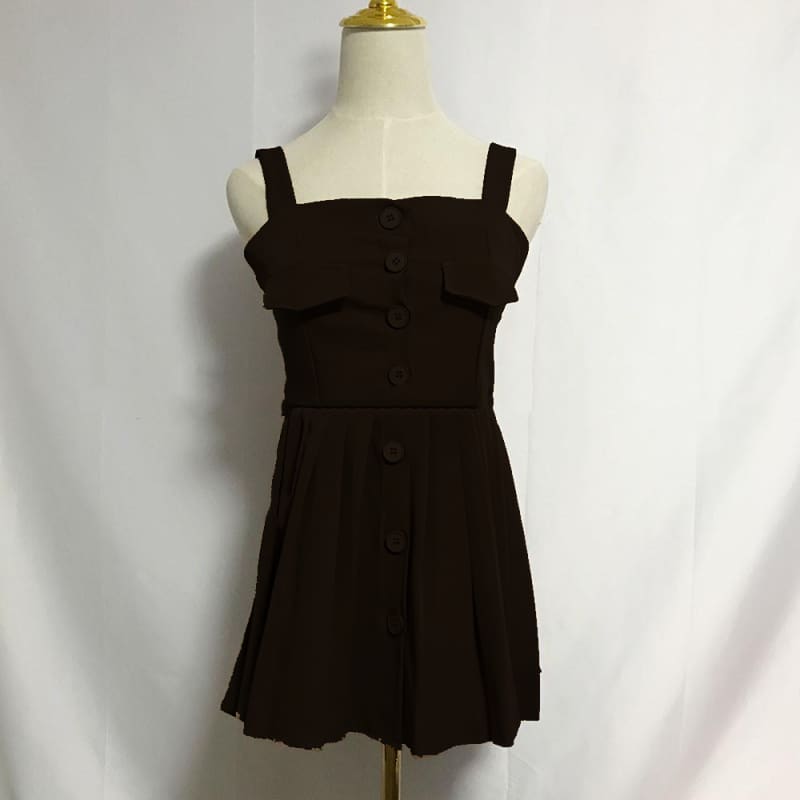 Preppy Style Chic Kawaii Black/Brown Draped Button Slip Dress MK15875 - KawaiiMoriStore