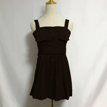 Preppy Style Chic Kawaii Black/Brown Draped Button Slip Dress MK15875 - KawaiiMoriStore