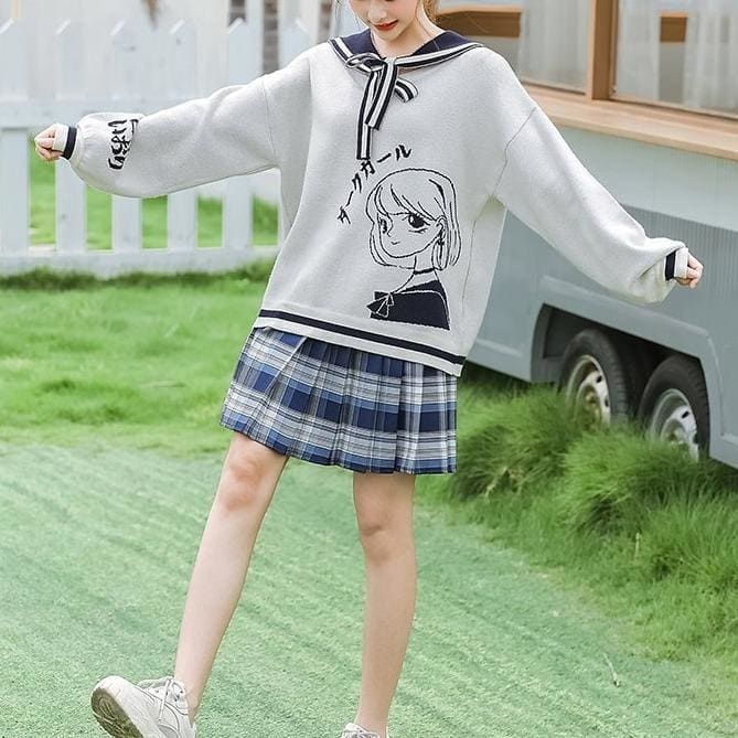 Preppy Style Sailor Collar Sweet Tie Rope Girl Print Long Sleeve Pullovers MK15461 - KawaiiMoriStore