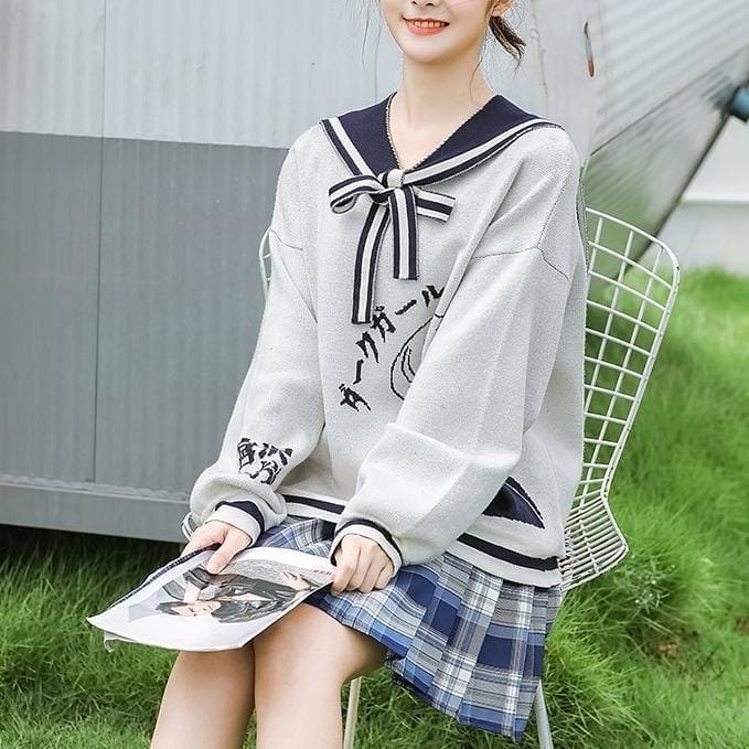 Preppy Style Sailor Collar Sweet Tie Rope Girl Print Long Sleeve Pullovers MK15461 - KawaiiMoriStore