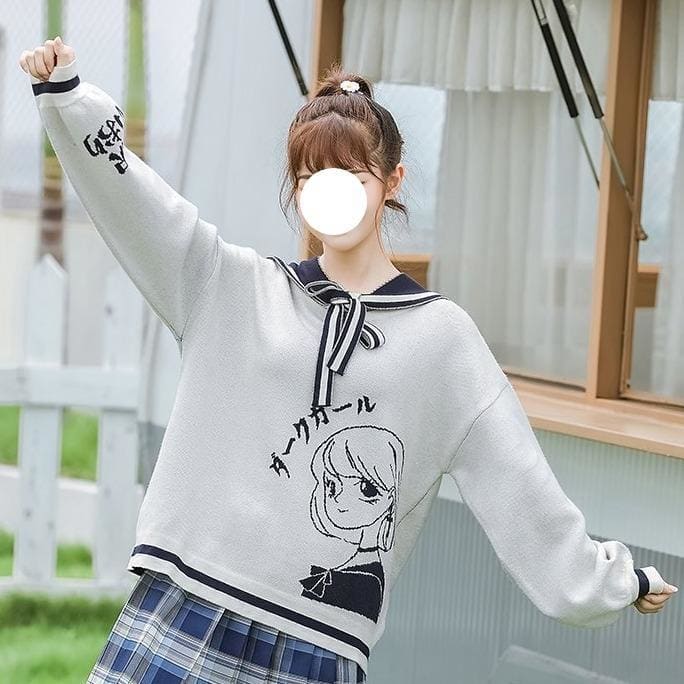 Preppy Style Sailor Collar Sweet Tie Rope Girl Print Long Sleeve Pullovers MK15461 - KawaiiMoriStore