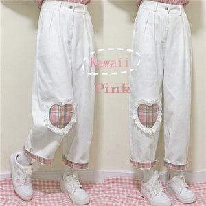 Japanese Harajuku Kawaii Straight Love Heart White Pants MK16814