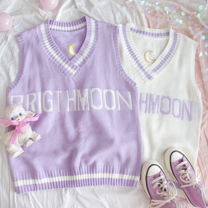Harajuku White Purple Kawaii Letter Moon Knitted Vest BM068