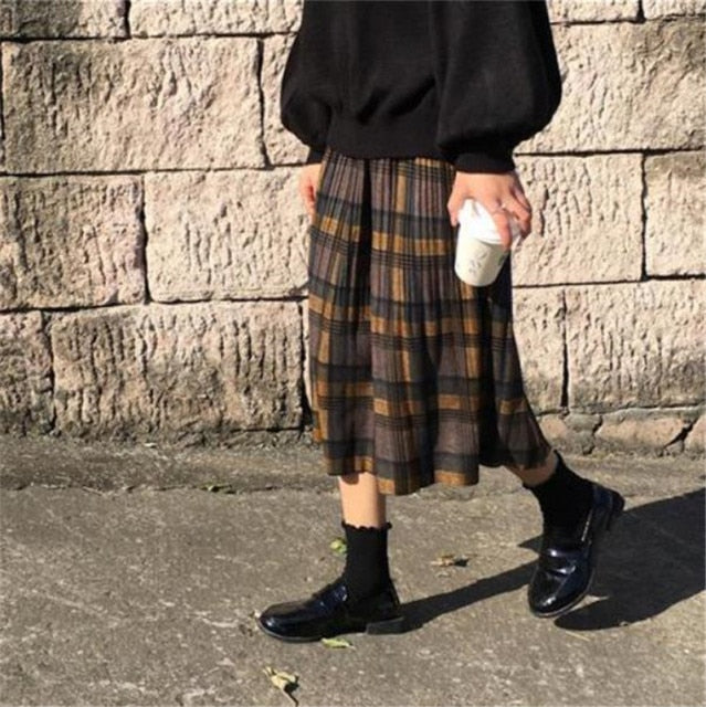 Harajuku Vintage Wool Pleated Plaid High Waist Plus Size Skirt MK15463