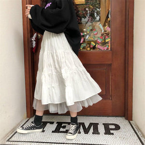 Elastic High Waist Mesh Pleated Black White Long Skirt BM134