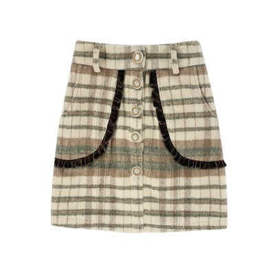 Japanese Fshion Sweet Princess Plaid Wool Short Coat Skirt Suit BM182