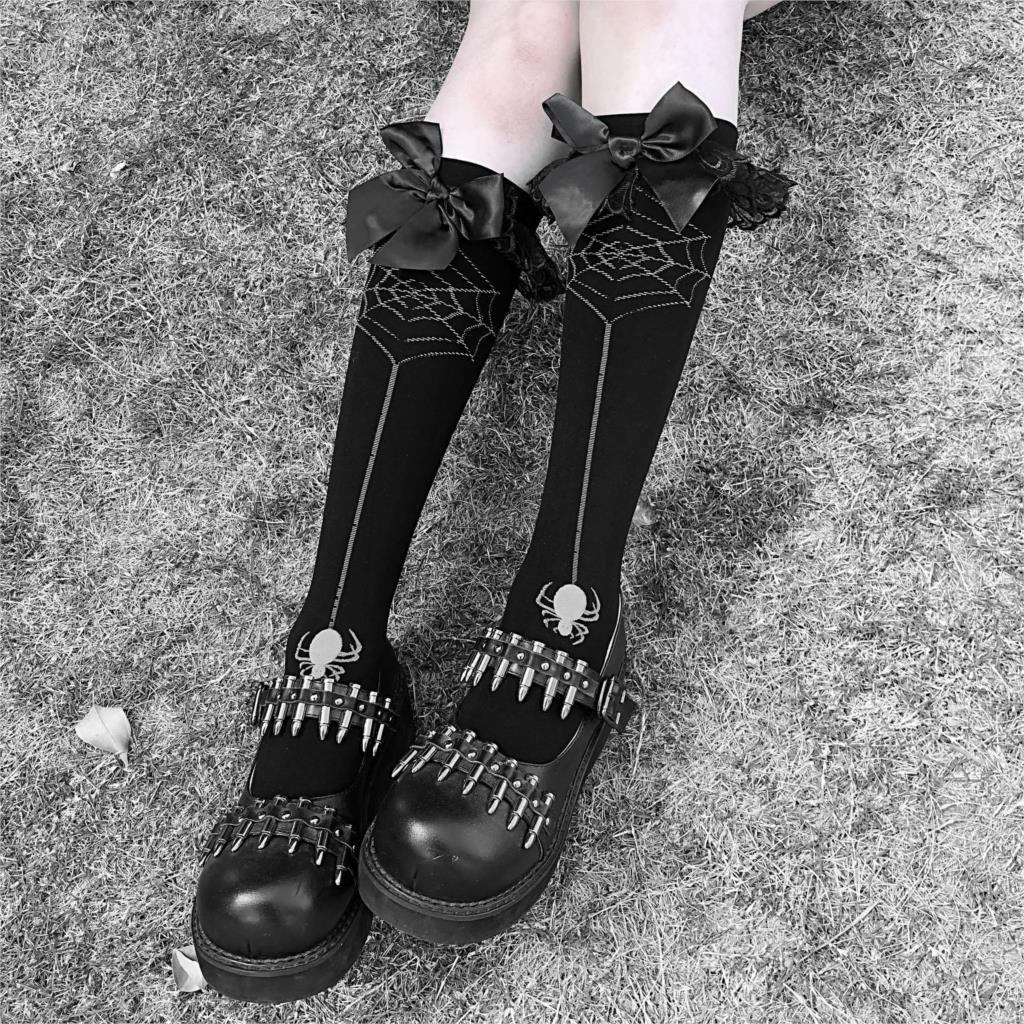 Dark Lolita Black Bow Cobweb Spider Print Gothic Socks BM109