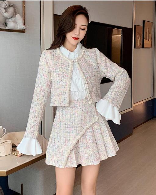 Elegant Slim Coat Skirt Shirt Three-piece Suit Tweed Sets MK17486