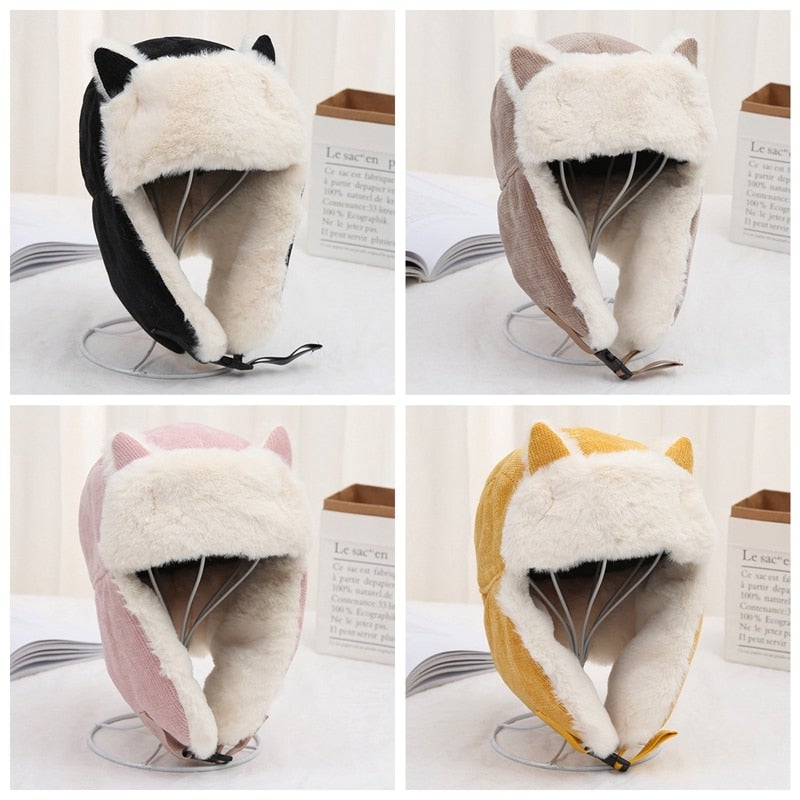 Pink/Black/Yellow/Khaki Fluffy Ear-flapped Warm Cotton Cat Ears Hats MK16552