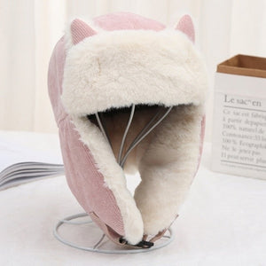 Pink/Black/Yellow/Khaki Fluffy Ear-flapped Warm Cotton Cat Ears Hats MK16552