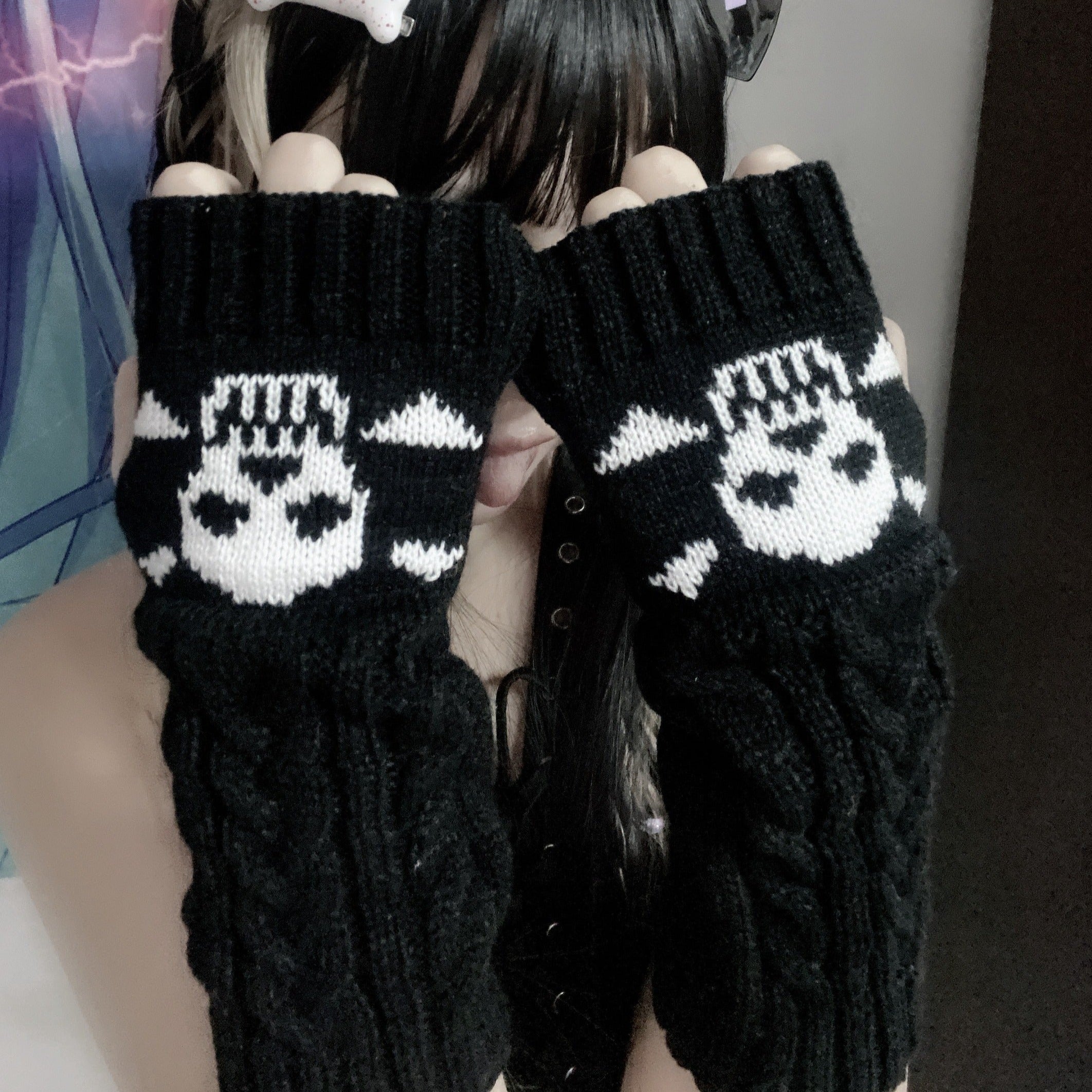 Gothic Harajuku Punk Black Skull Half Finger Long Gloves BM079