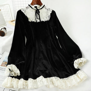 Korean Lace Patchwork O Neck Black High Waist Dress BM164