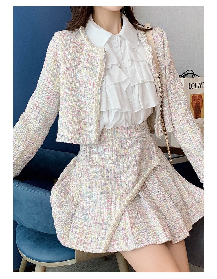 Elegant Slim Coat Skirt Shirt Three-piece Suit Tweed Sets MK17486