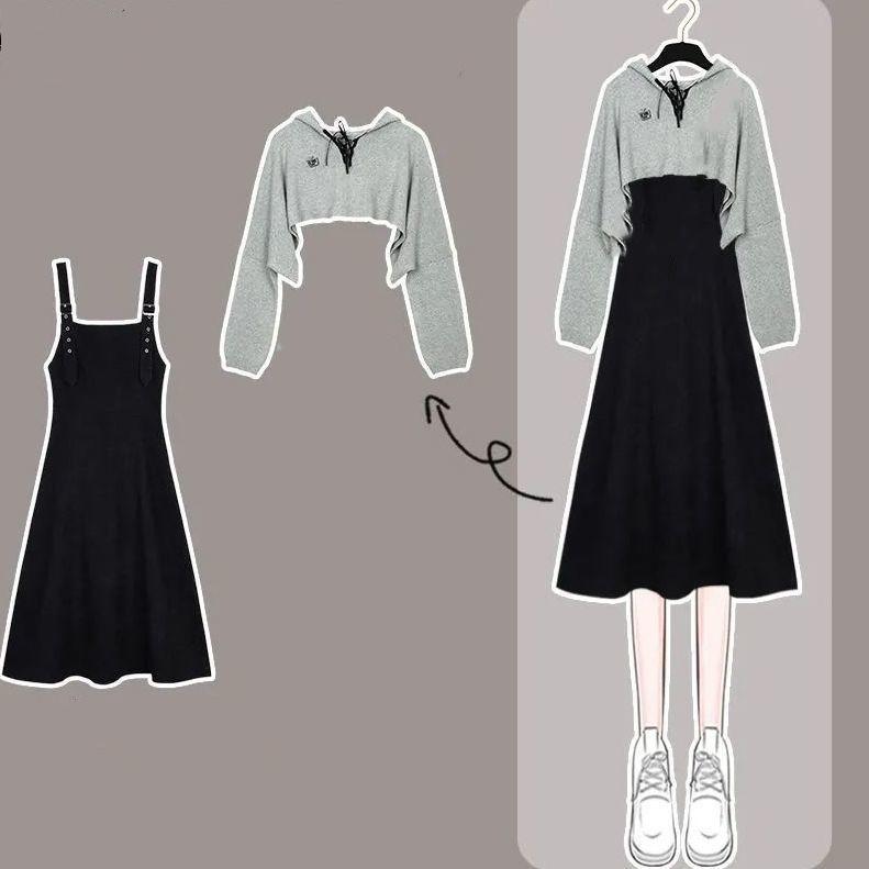 Fashion Gray Short Sweater Black Dress Two Piece Set MK16135