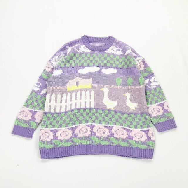 Harajuku Cartoon Duck Embroidery Knitted Sweater MK16745