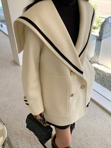 Sailor Collar Woolen Blends Coat Double Breasted Big Pockets Jackets BM126
