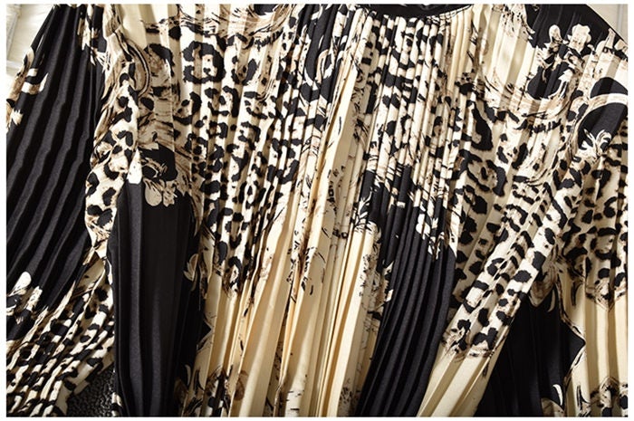 Vintage A-Line Printed Leopard Pleated Long Dress BM044