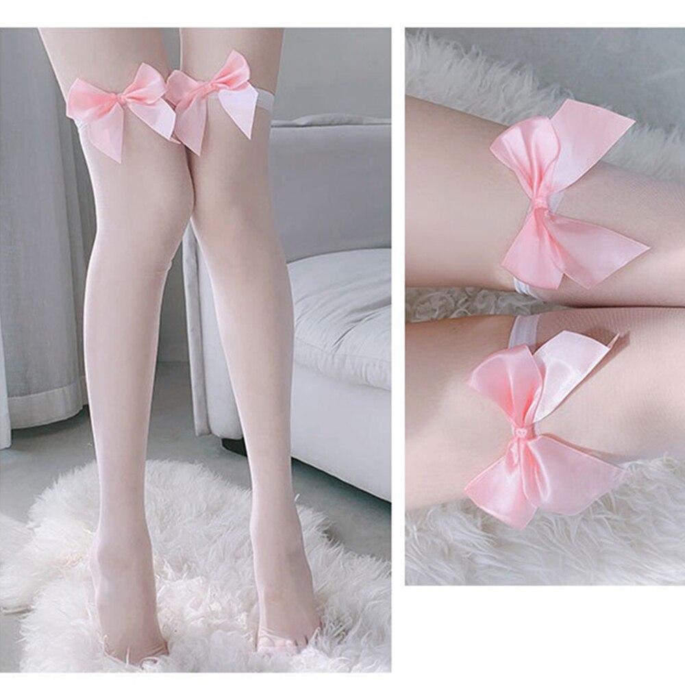 Japanese Kawaii Bow Thigh High Socks Transparent Silk Stocking MK16476