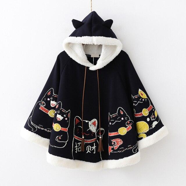 Japanese Harajuku Kawaii Lucky Cat Cloak Cute Hoodies Cape MK16527