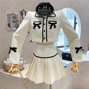 Sweet 2 Piece Set Bow Short Jacket Coat Skirt Vintage Outfits MK16658
