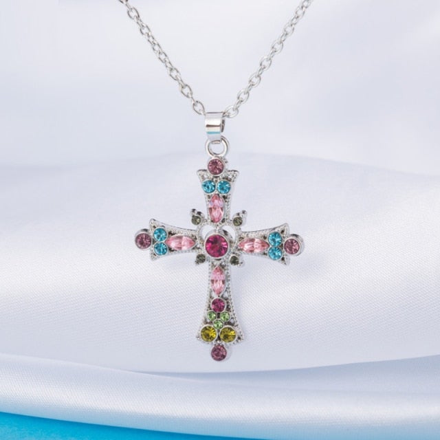 Y2K Gothic Pink Rhinestone Cross Vintage Collar Necklace MK17165