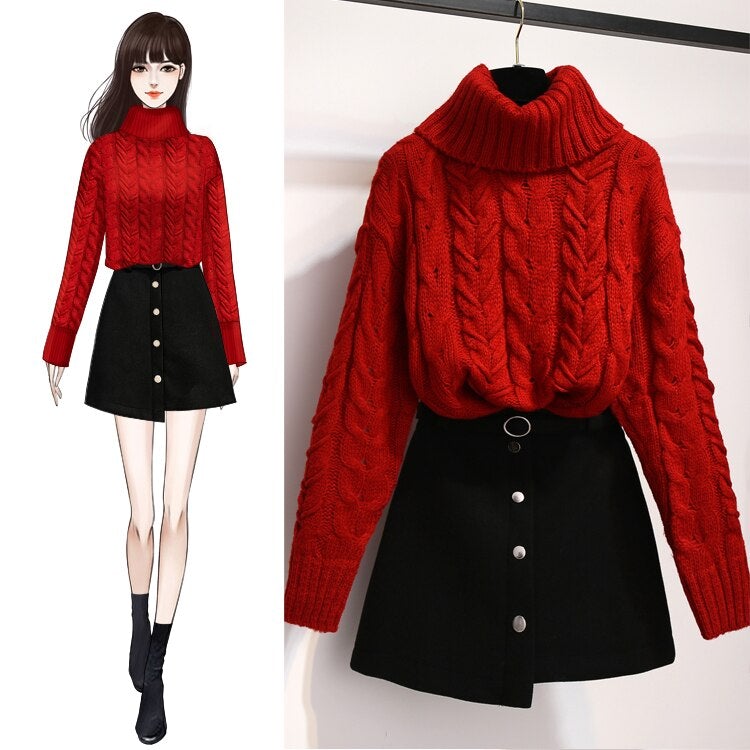Winter Turtleneck 2 PCS Red Black Knitwear Top Skirt Outfit MK16657
