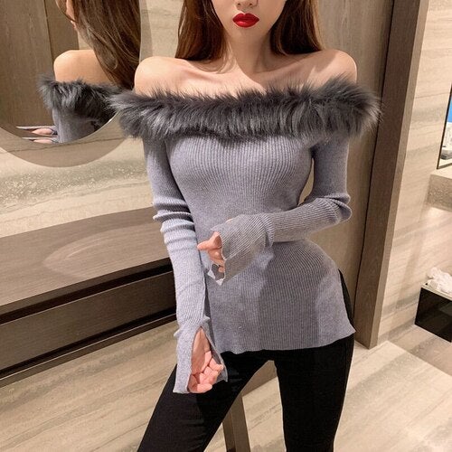 Off Shoulder Fluffy Feather Crop Top Knitted Sweater BM117