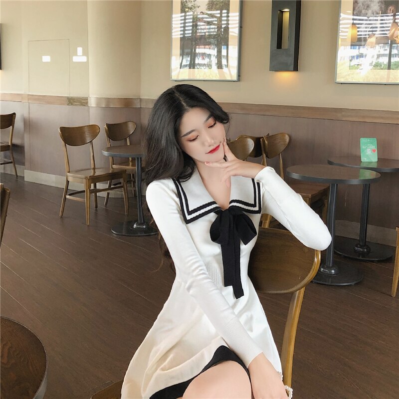 Sweet Collar Long Sleeve Lace Up Bow Knitted Dress MK16557