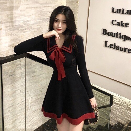 Sweet Collar Long Sleeve Lace Up Bow Knitted Dress MK16557