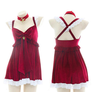 Ruffled  Red Christmas Bowknot Suspenders Santa Dress BM194