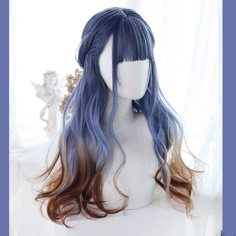 Harajuku Lolita Blue Brown Gradient Long Curly Wig MM2221