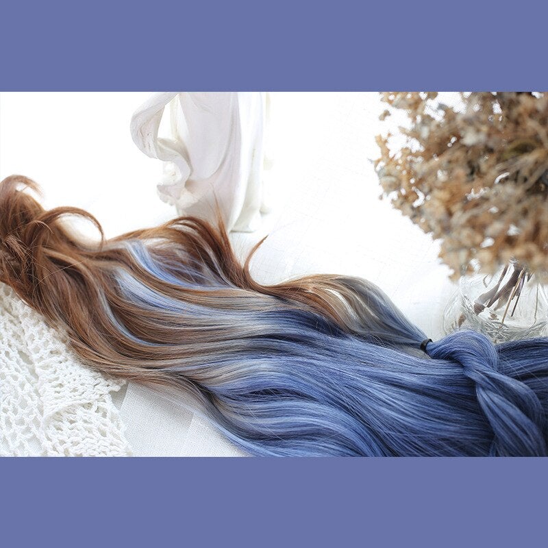 Harajuku Lolita Blue Brown Gradient Long Curly Wig MM2221