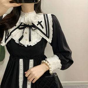 Vintage Sailor Collar Ruffles Lace Black Elegant Dress MK16720