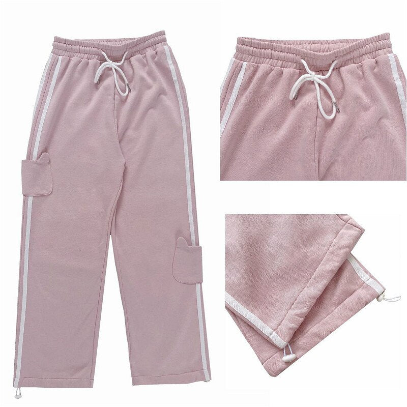 Korean Lovely Pockets Ulzzang Side-stripe Pink Pants BM159