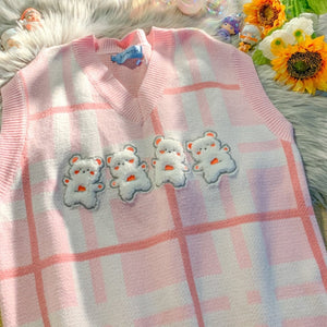 Harajuku Plaid Preppy Style Cute Bear V-neck Sleeveless Sweater BM158