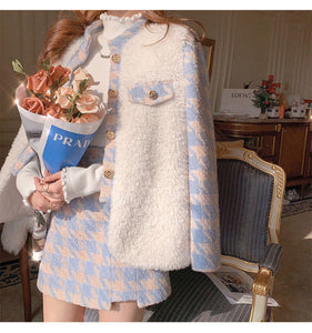 Plaid Sweet Coat High Waist A-line Wool Chic Skirts 2 Pieces Set BM147