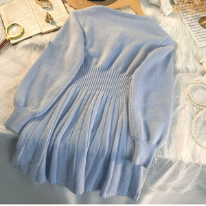 Korean Kawaii Blue Elegant Vintage Knitted Dress MK16863