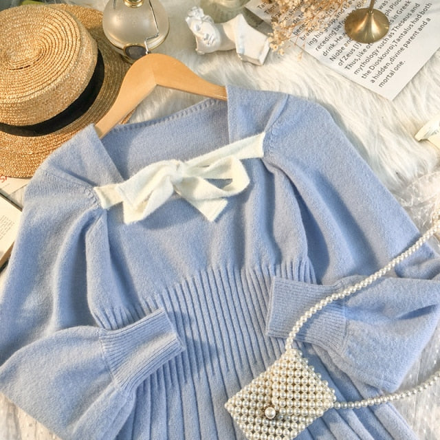 Korean Kawaii Blue Elegant Vintage Knitted Dress MK16863
