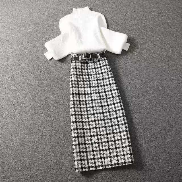 Elegant White/Yellow Sweater and Plaid Wool A-line Skirt Suit Sets MK16942