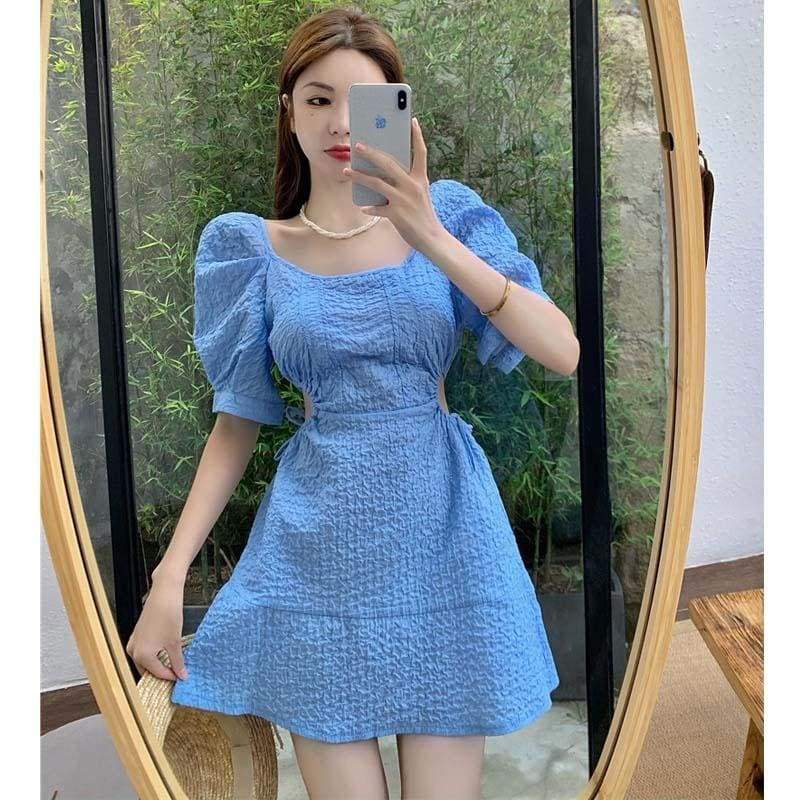 Puff Sleeve Cutout Lace Up Mini Dress