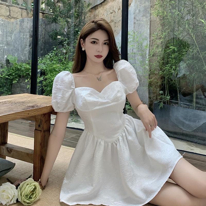 Puff Sleeve Square Neck Waist Mini Dress