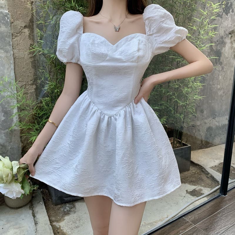 Puff Sleeve Square Neck Waist Mini Dress