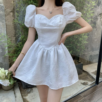 Puff Sleeve Square Neck Waist Mini Dress