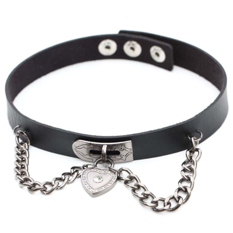 Punk Cool Metal Love Heart-Shaped Lock Collar Leather Chain MK15847 - KawaiiMoriStore