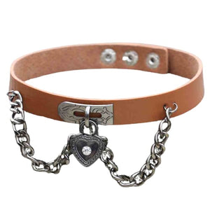 Punk Cool Metal Love Heart-Shaped Lock Collar Leather Chain MK15847 - KawaiiMoriStore
