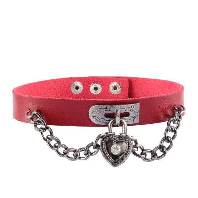 Punk Cool Metal Love Heart-Shaped Lock Collar Leather Chain MK15847 - KawaiiMoriStore