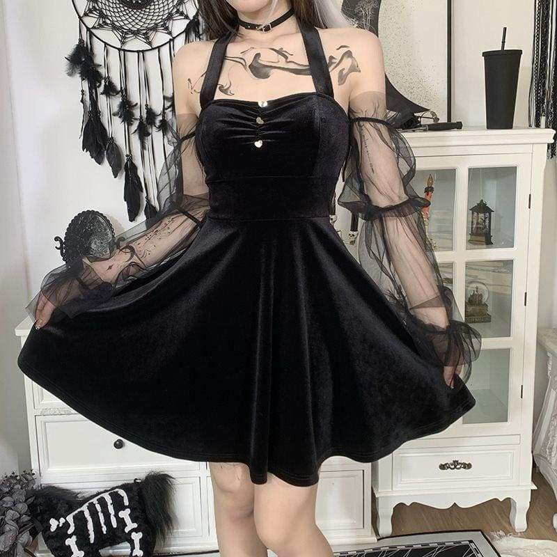 Punk eGirl Dark Halter Dress MM1251 - KawaiiMoriStore