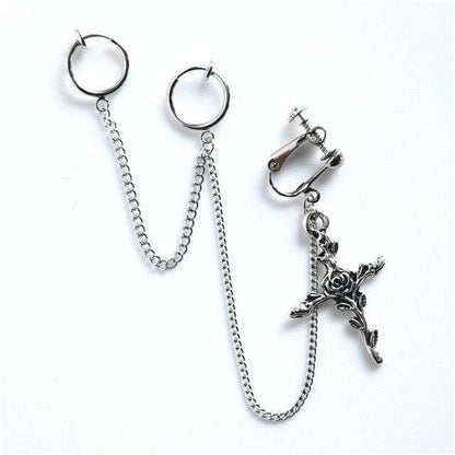 Punk Feathers Cross Chain Clip Earrings MK15147 - KawaiiMoriStore